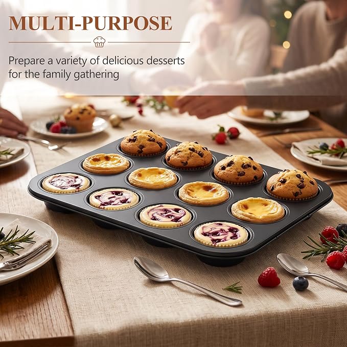 E-far 12-Cup Muffin Pan Tin, Nonstick Carbon Steel Cupcake Pan Tray | Metal Bakeware Muffin Baking Tins for Oven, Standard Size, Ideal for Muffins, Cake Tart, Brownies, Easy Clean & Non-toxic - Image 6