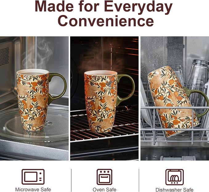 Topadorn 17oz Ceramic Travel Mug with Lid, William Morris, Gift Box | Pomegranate Parrot Coffee Mug, Vintage Botanical Latte Cup, Microwave & Dishwasher Safe - Image 6