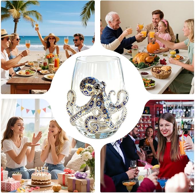Octopus Glass with Marine Animal Prints, Versatile Coastal Tumbler | Artisanal Blue Ringed Octopus Glassware for Ice Water Juice Milk Coffee Housewarming Themed Party Home Bar - Image 6