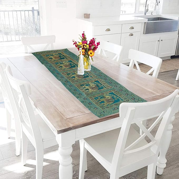 Indian Handmade Elephant Design Table Runner.Traditional Decorative Ethnic Kitchen Table Cloth for Wedding Bridal Birthday Party Decorations. 60 X 16 Green and Golden Color - Image 6