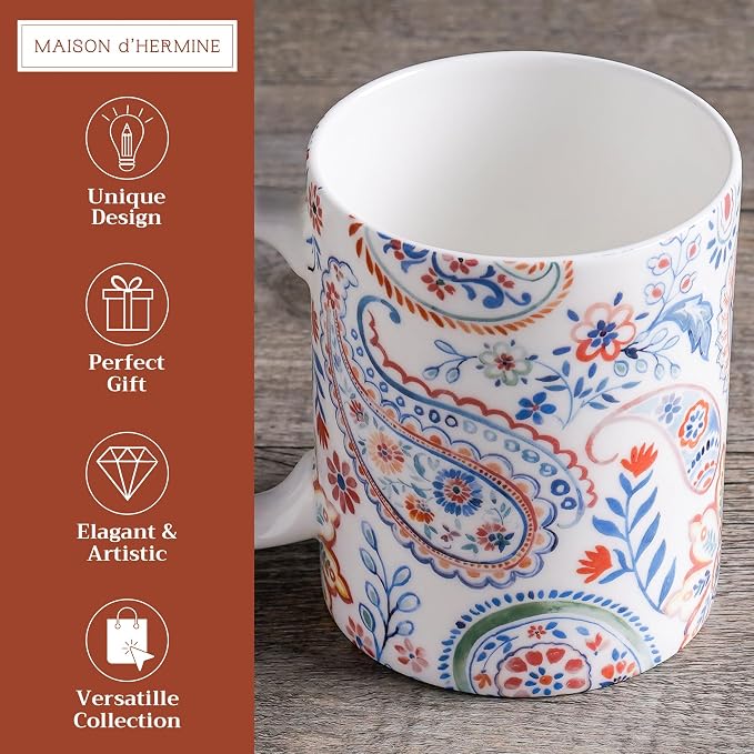 Maison d' Hermine Coffee Mug with Handles Tea Cups (15 Ounce, Pack of 1) | Fine Bone China Coffee Mugs for Hot Beverages Cappuccino Latte Home Restaurant Hotel Spring Summer -Indian Floral - Paisley - Image 2