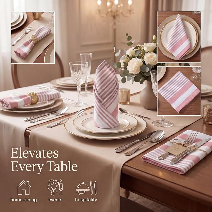 Urban Villa Cloth Napkins Cotton 20x20 (Set of 12) Garnet Red Stripes - Image 2