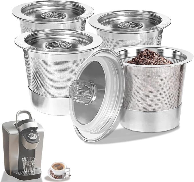 4-Piece Reusable Coffee Filter Capsules for K-eurig 1.0, Stainless Steel, BPA-Free, Cylindrical, Compatible with K-eurig Coffee Makers (4PCS)