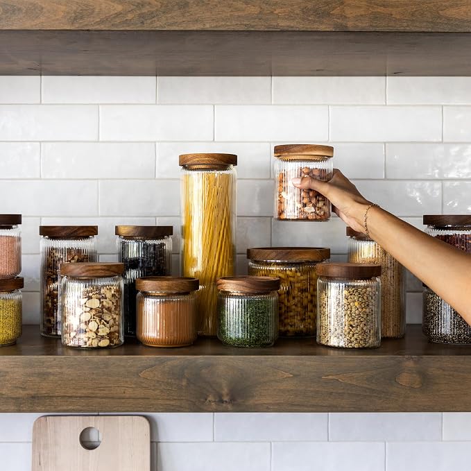 Mason & Fable Ribbed Glass Canisters or Spaghetti Jars with Airtight Wood Lid- Tall Storage Containers for Pasta, Cereal or Flour -Ideal for Kitchen/Pantry Organization - 60 fl.oz, Set of 2 - Image 6