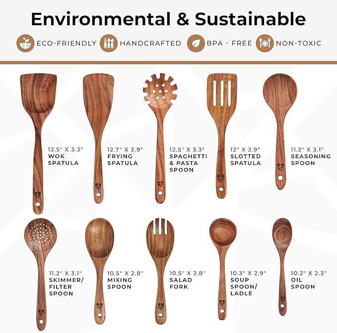 Wooden Spoons for Cooking, 10 Pcs Teak Wood Utensil Set for Nonstick | Durable, Heat Resistant & Food-Safe with Ergonomic Handles – Woodenhouse Kitchen Cookware - Image 4