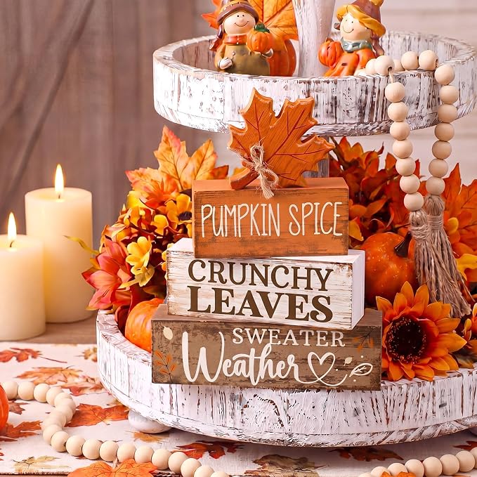 Moucuny 4 Pcs Fall Decor Wooden Maple Leaf Decoration Thanksgiving Tiered Tray Decor Rustic Wooden Maple Leaf Block Sign Thanksgiving Table Centerpiece Farmhouse for Autumn Harvest Party Kitchen Home - Image 2