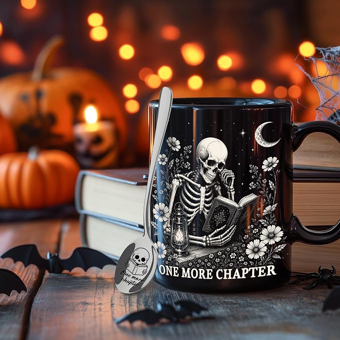 Hyturtle Funny Skeleton Reading Coffee Mug with Spoon Gifts for Book Lovers | Spooky Reading Themed Gifts for Readers, Halloween Decor, Premium double-sided print 11oz ceramic mug, Comfort grip handle - Image 6