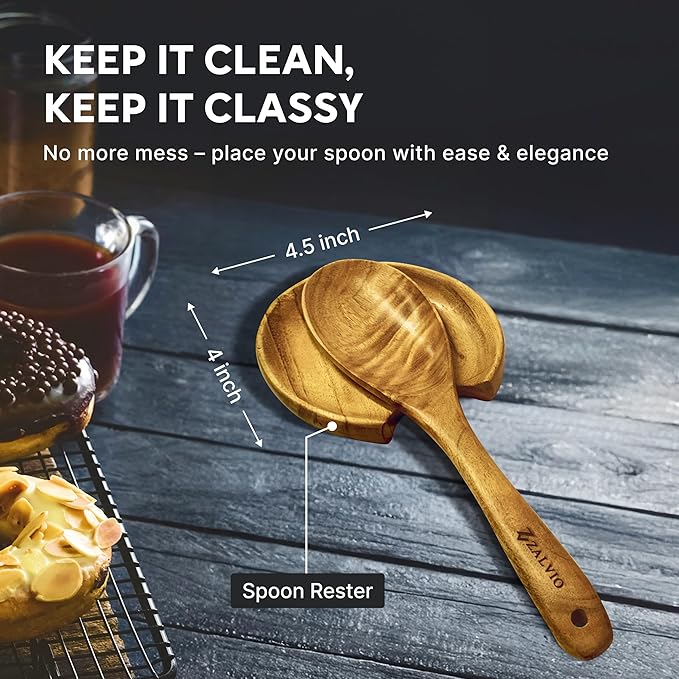 Zalvio 10-Piece Acacia Wood Utensil Set – Handmade Wooden Spoons with Spoon Rest | Heat-Resistant Eco-Friendly Cooking Tools for Nonstick Cookware