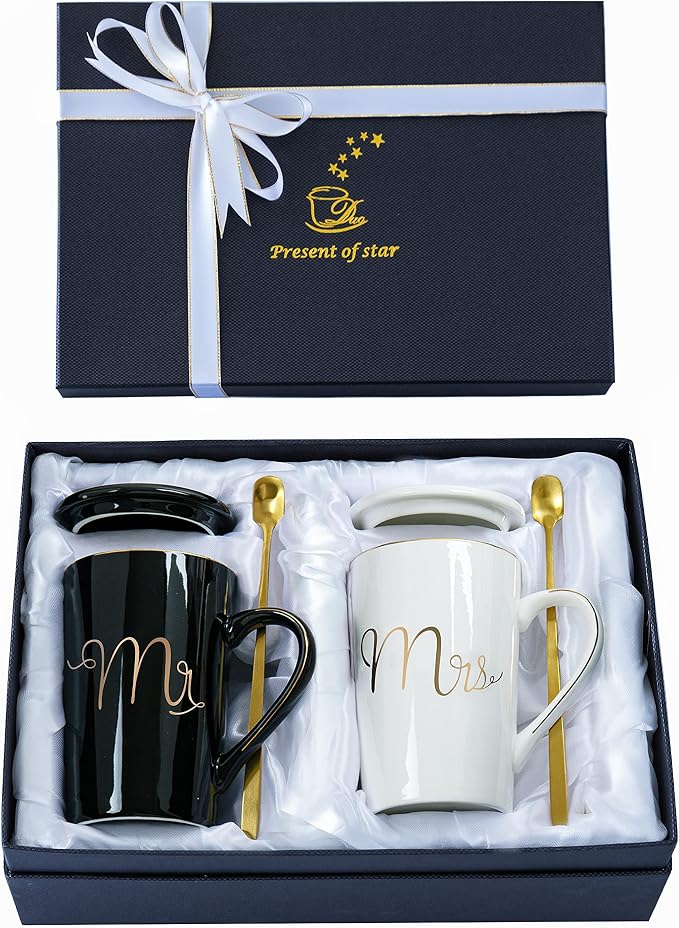Jumway Mr and Mrs Coffee Mugs Set - Unique Wedding Gifts For Bride and Groom - His and Hers Anniversary Present Husband and Wife -Engagement Gifts For Him Her For Parents for Valentine's day by Jumway