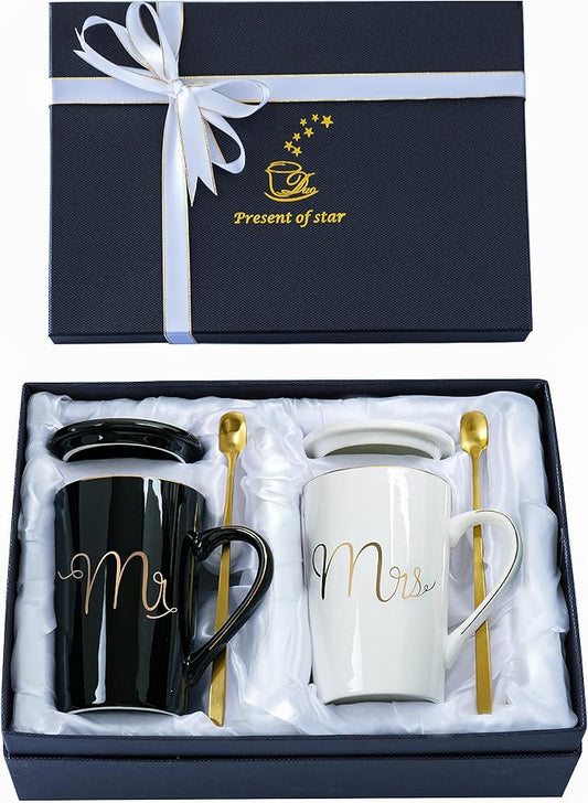 Jumway Mr and Mrs Coffee Mugs Set - Unique Wedding Gifts For Bride and Groom - His and Hers Anniversary Present Husband and Wife -Engagement Gifts For Him Her For Parents for Valentine's day by Jumway