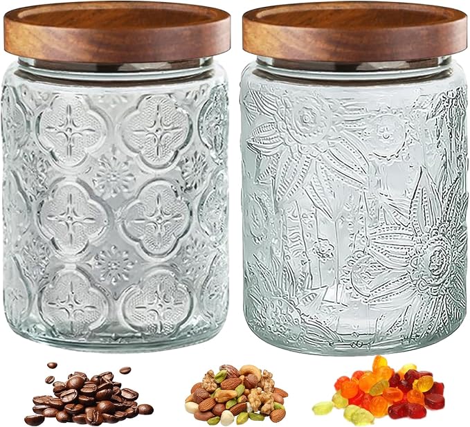 2-Pack 24 OZ Vintage Glass Jar with Lid, Airtight Food Storage Canisters with Bamboo for Kitchen Counter Pantry, Ideal for Coffee, Candy, Tea, Oats, Sugar, Cookies Decorative Jars by Unknown