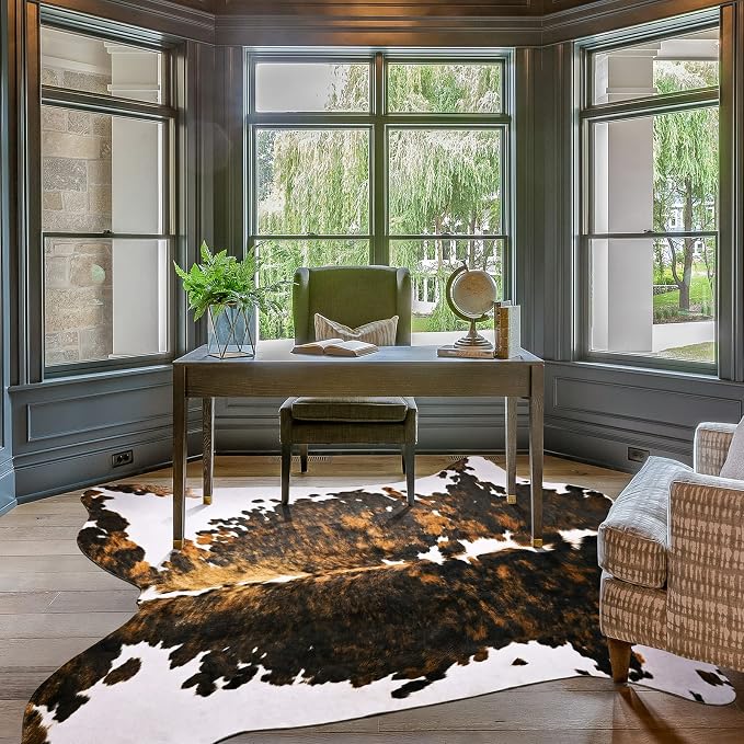 Amearea Faux Cow Hide Rug 7x6.2, Premium Western Home Decor Cow Print Rug | Large Faux Leather Animal Cowhide Carpet for Living Room Bedroom, Dining Traditional Cow Print Stuff Carpets, Brown by AmeareaDirect