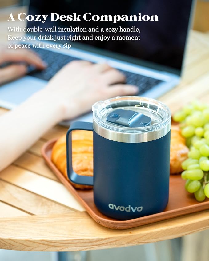 12oz Insulated Coffee Mug with Lid – Includes Two Lids, Stainless Steel Coffee Travel Mug with Handle, Double Wall Vacuum Insulated Camping Mug for Home, Office & Outdoor, Navy Blue - Image 5