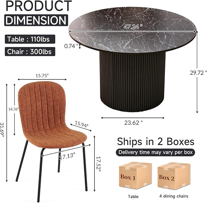 5 Piece Round Dining Table Set for 4, Mid Century Modern Faux Marble Kitchen Table and Chairs, Space-Saving Small Dinette Set (47 Inch Black Table+4 Brown Chairs) - Image 2