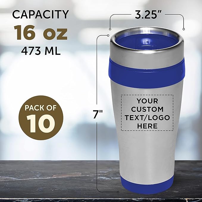 Custom Insulated Stainless Steel Travel Mugs 16 oz. Set of 10, Personalized Bulk Pack - Perfect for Coffee, Soda, Other Hot & Cold Beverages - Blue