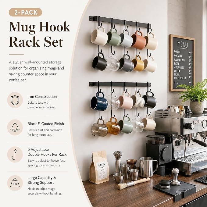 17" Coffee Mug Hook Rack Wall Mounted Set of 2 | Black Metal Tea Cup Holder Hanger Organizer 10 Hooks, Kitchen Rail Utensil Rack for Dining Room Coffee Bar - Image 4