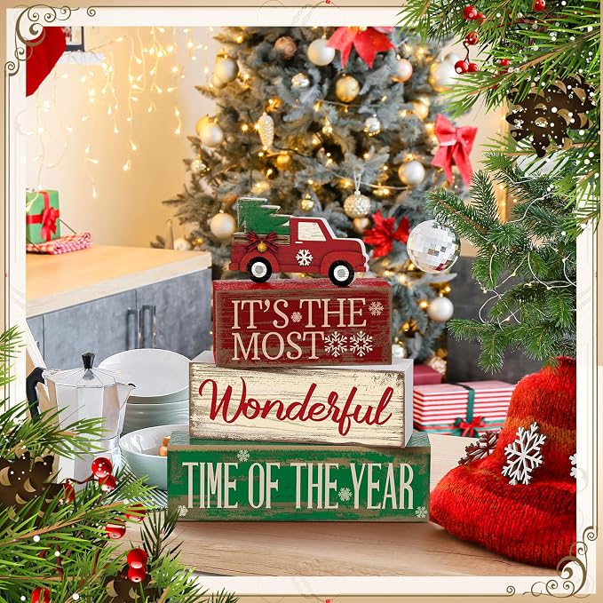 Moucuny 4 Pcs Christmas Decor Wooden Red Truck Winter Tiered Tray Decor Rustic Merry Christmas Table Centerpiece Wood Red Truck Block Sign Gift Farmhouse for Home Kitchen Tabletop Office Shelf - Image 6