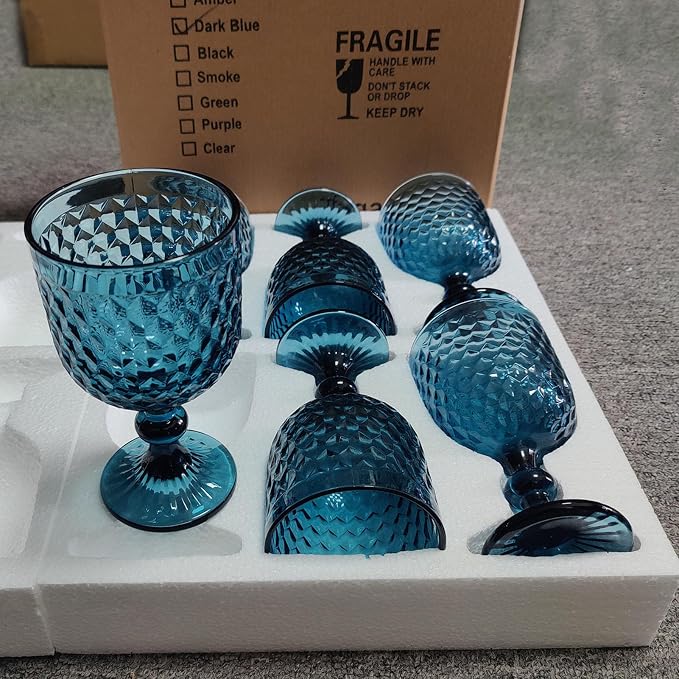 Taganov Blue Wine Glass Goblets set of 6 Vintage Glassware Colored Stemware 13.5 oz for Wedding Party Bar Housewarming Gift - Image 9