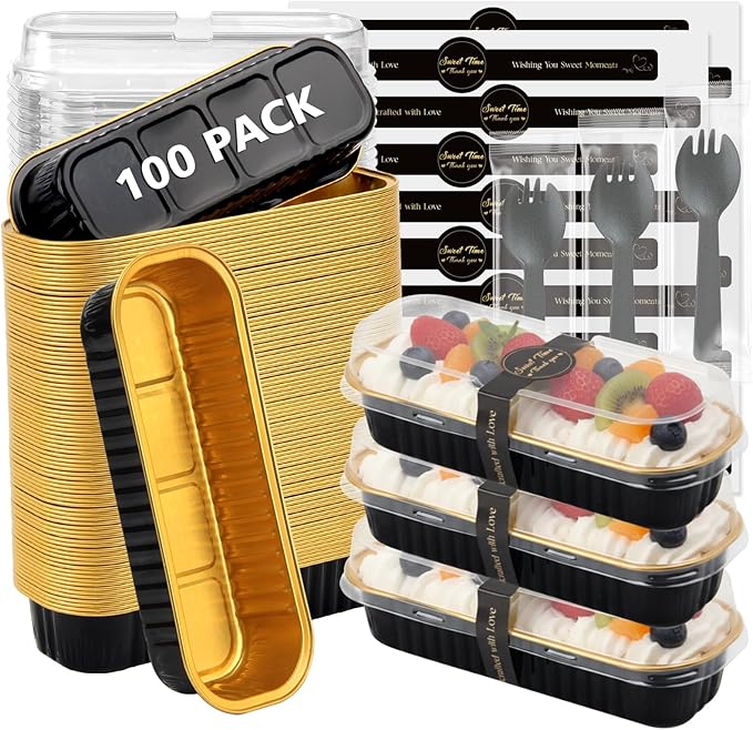 Ruckae 100 Pack Mini Loaf Pan Mini Loaf Baking Pans with Lids and Spoons,Disposable Aluminum Foil Pans, Rectangle Tin Foil Pans with Lids for Home, Pary, Picnics (Black Gold)