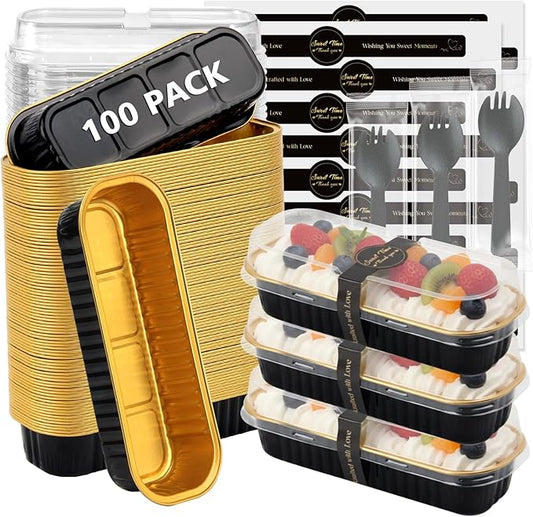 Ruckae 100 Pack Mini Loaf Pan Mini Loaf Baking Pans with Lids and Spoons,Disposable Aluminum Foil Pans, Rectangle Tin Foil Pans with Lids for Home, Pary, Picnics (Black Gold)