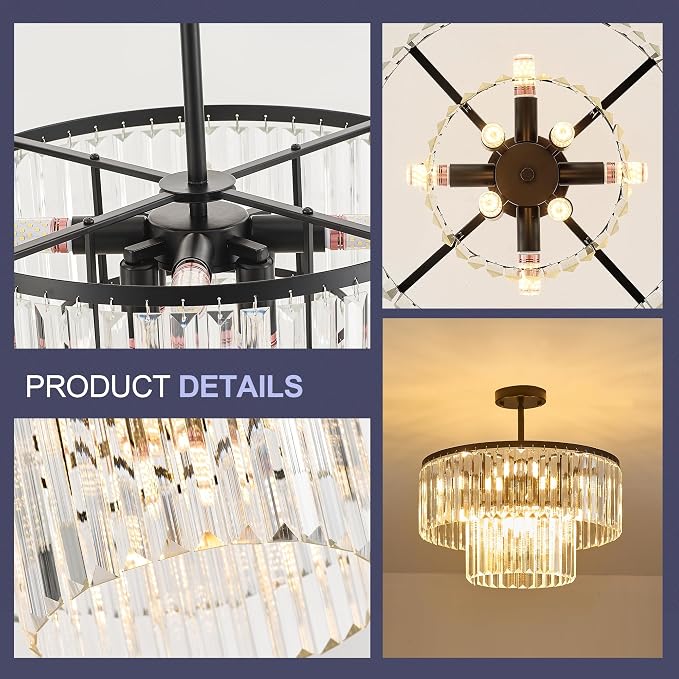 17.7" Black Semi Flush Mount 2-Tier Crystal Ceiling Light Fixtures for Dining Room Modern Luxury 8-Light Chandeliers Lighting for Bedroom Entryway Hallway Kitchen Island Living Room Foyer - Image 8