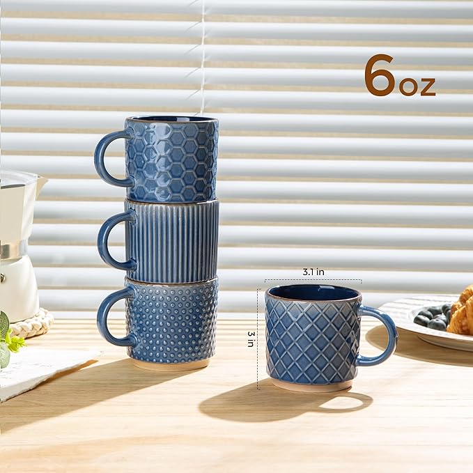 GBhome 6 OZ Stackable Coffee Mugs Set of 4, Ceramic Coffee Cups Set | 4 Assorted Designs, Embossed Mugs with Texture Patterns for Espresso/Tea, Dishwasher&Microwave Safe, Blue - Image 2