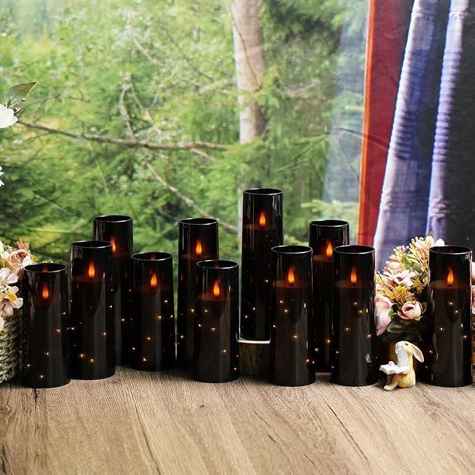Sasigeiaa Flameless Candles with Embedded Star String - Battery Operated LED Candles, with Remote,12 Black Flickering Candles for Christmas, Weddings, Home Decor & Party,(D 2.3"×H 5" 6" 7") - Image 6