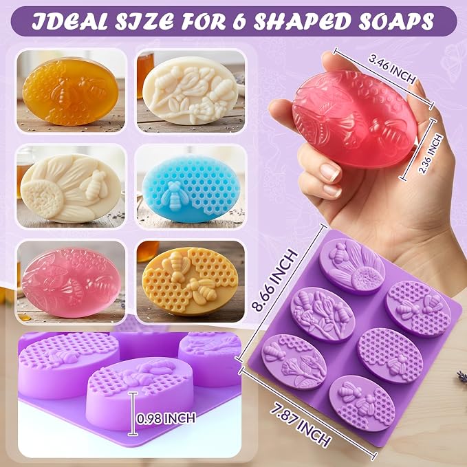 HKNMTT Silicone Bee Honeycomb Flower Oval Bar Molds, 6 Shapes 12 Cavities for Candy Soap Making Shower Steamer Homemade Bath Bomb Lotion Shampoo Bar Dessert DIY Set Non-stick Craft Food Grade 2 Pack - Image 3