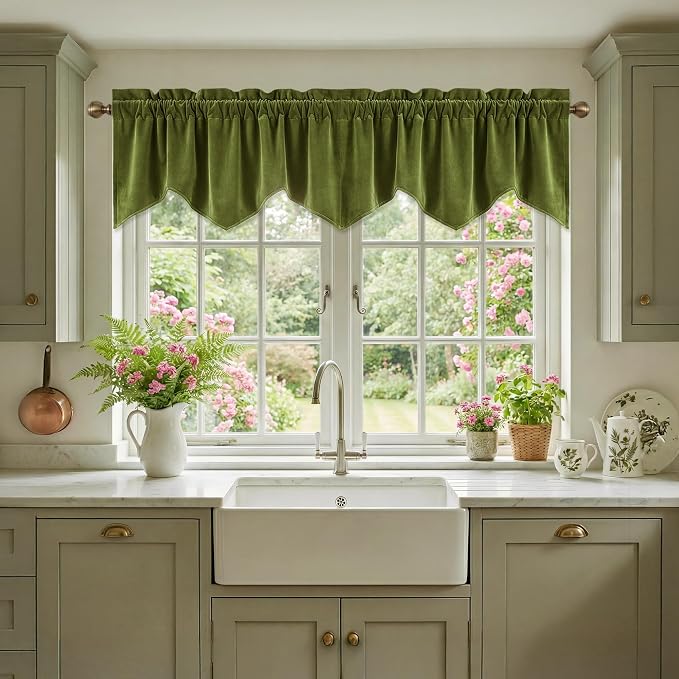 Olive Green Valance for Windows Home Decor 52x18 Inch 1 Panel | Muted Wavy Green Velvet Window Treatment, Privacy Rod Pocket Short Curtains for Kitchen, Living Room by StangH