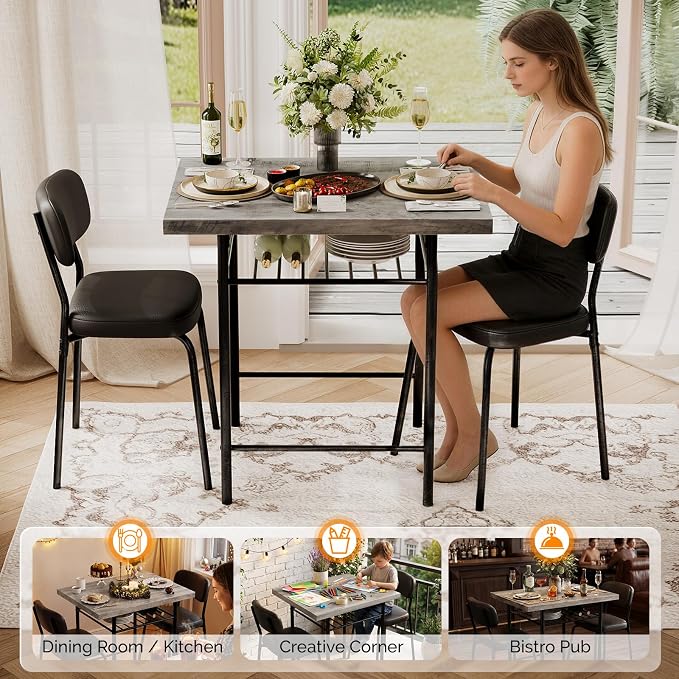 VINGLI Dining Table Set for 2, Small Kitchen Table Set with Upholstered Chairs, 3-Piece Dining Set with Storage Rack, Wood Dining Room Set with Metal Legs for Small Spaces, Living Room, Grey - Image 4