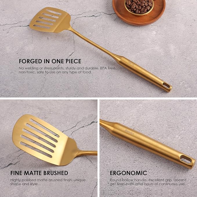 Gold Kitchen Utensils Set - 15" All Metal Cooking Tools Set of 9 | 18/10 Stainless Steel Cooking Utensils - Fork, Solid/Slotted Spoon, Spatula, Ladle, Skimmer, Turner, Pasta Spoon, Large Spoon - Image 4