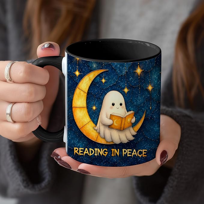 Hyturtle Cute Ghost Reading Mug with Spoon Gift for Book Lover on Halloween | Spooky Ghost Reading Themed Gifts for Readers, Halloween Decor, Double-sided print 11oz ceramic mug, Comfort grip handle - Image 7