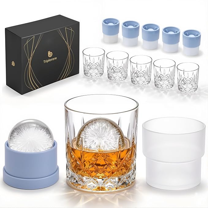 12-Piece Whiskey Gift Set with 6 Whiskey Glasses & 6 Ice Ball Molds | 11 oz rocks glasses with BPA-free large ice ball molds for bourbon, scotch, cocktails, home bars and gifting by Itmakesourlifehappies