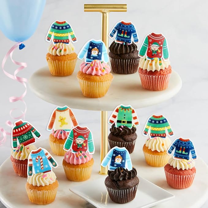 40PCS Edible Ugly Sweater Cupcake Toppers Wafer Paper Christmas Cupcake Toppers Picks Merry Christmas Theme Holiday Baby Shower Birthday Party Cake Decorations Supplies - Image 3