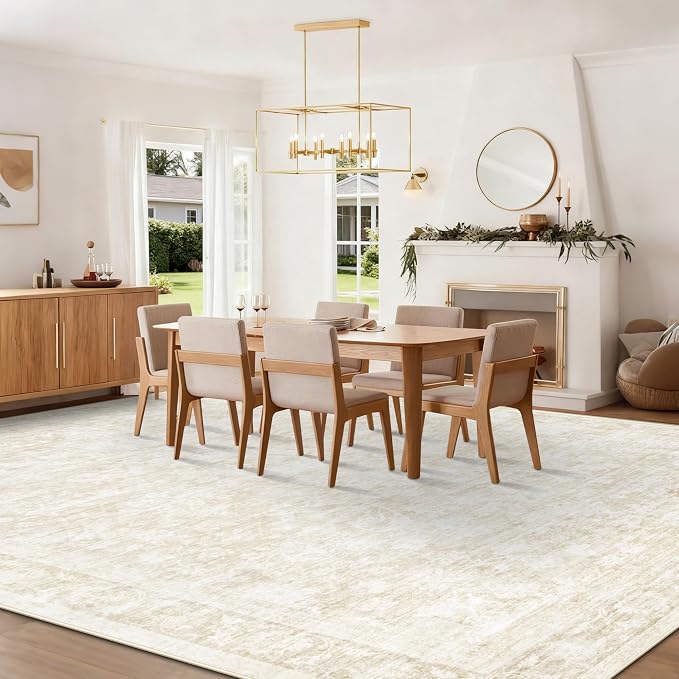 10x14 Area Rugs for Living Room: Washable Large Vintage Floral Rug Low Pile Non-Slip Boho Carpet for Bedroom Dining Home Office (Beige, 10'x14') - Image 4