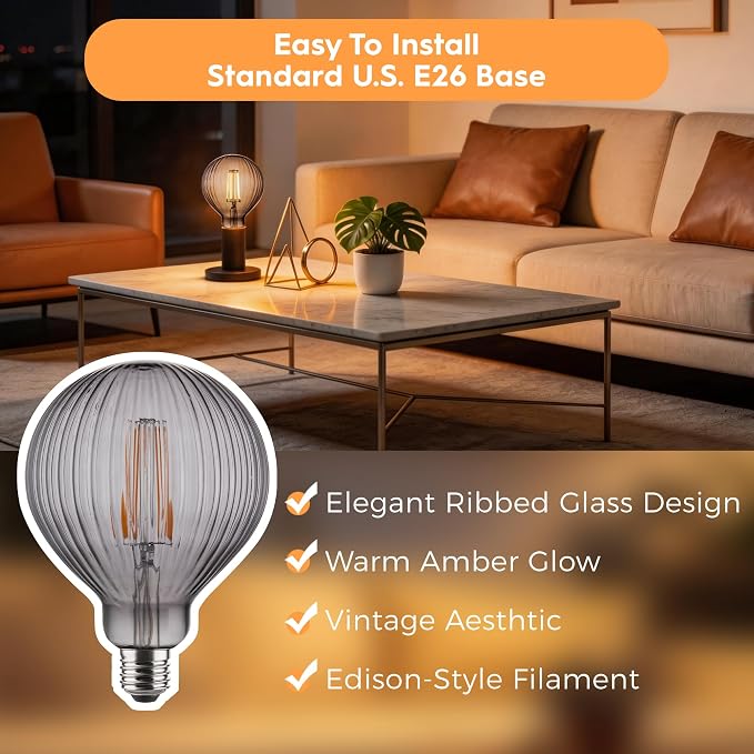 G125 Edison LED Bulb,4W Dimmable E26,2200K Smoke Striated Glass | Vintage Oversized Large Edison Bulb, Soft Warm Lighting, Dim, Widely Used In Stores, Coffee Shops & Indoor Outdoor Scenes - Image 5