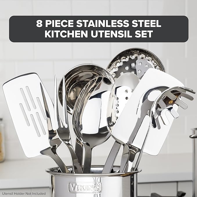 Viking Kitchen Utensils Set, 8 Piece Stainless Steel Cooking Utensil Set, Includes Spatulas, Spoons, Pasta Fork, Deep Ladle, Meat Fork, and Skimmer, Silver - Image 2