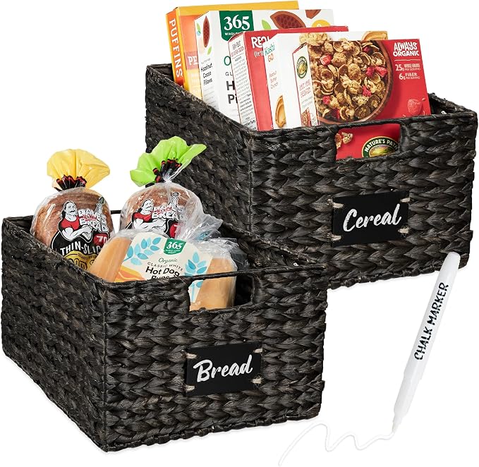 Best Choice Products Pantry Baskets Set of 2 16x12in Water Hyacinth Storage Baskets, Woven Wicker Kitchen Organizers with handles w/Chalkboard Label Chalk Marker - Black by Unknown