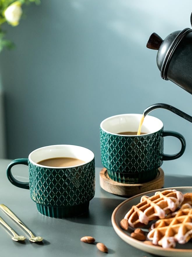 LYEOBOH Coffee Mug Set Porcelain Stackable Coffee Mugs with Stand and Spoons, 13 OZ. Cappuccino Cup Demitasse Cups for Drinks, Espresso, Latte,Set of 4, Dark Green - Image 4