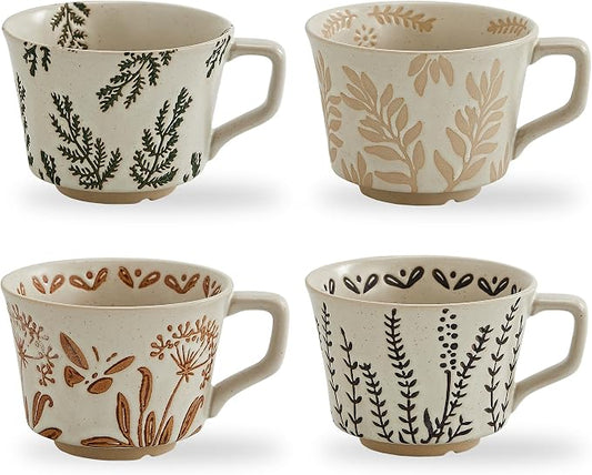 12 oz Vintage Ceramic Coffee Mug Set of 4 - Handmade Stoneware Pottery Countryside Farmhouse Fall Autumn Tea Mugs with Big Handle for Latte,Cocoa,Dishwasher & Microwave Safe Cups (Plants) by SwuutKitchen