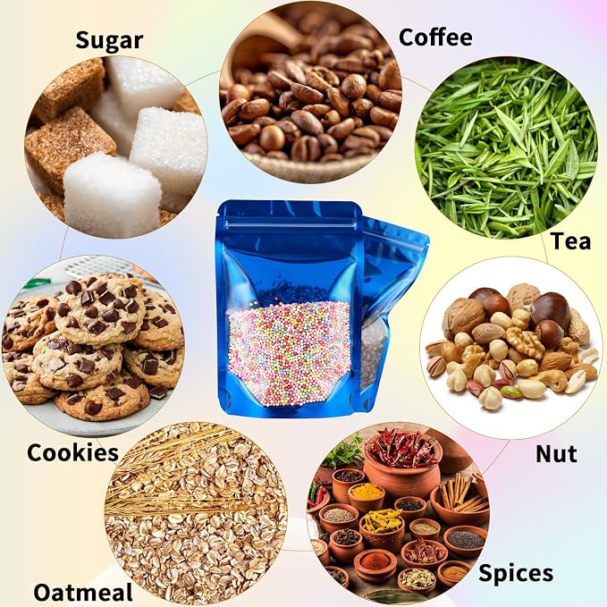 150 Pcs Mylar Bags for Food Storage, 5x8 Mylar Bag with Window Stand Up, Small Holographic Resealable Bags Smell Proof Bag Food Packaging for Small Business Freeze Dried Candy Jewelry Foil Packaging - Image 4