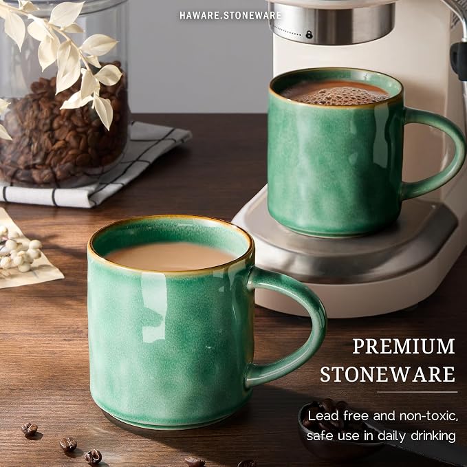 HaWare 14OZ Coffee Mugs Set of 4, Stoneware Coffee Cups with Handle, Latte Mug for Man, Woman, Dad, Mom, Modern Tea Mugs for Latte/Cappuccino/Cocoa/Milk, Dishwasher& Microwave Safe, Reactive Green - Image 4