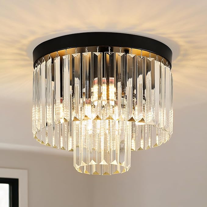 12.6" Black Crystal Ceiling Light 4-Light Modern Fixture 2-Tier Luxury K9 Crystal, for Dining Room Kitchen Island Living Room Bedroom by Faibra
