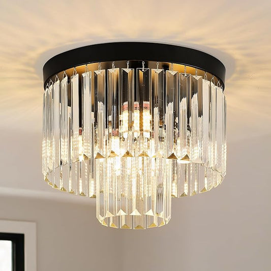 12.6" Black Crystal Ceiling Light 4-Light Modern Fixture 2-Tier Luxury K9 Crystal, for Dining Room Kitchen Island Living Room Bedroom by Faibra