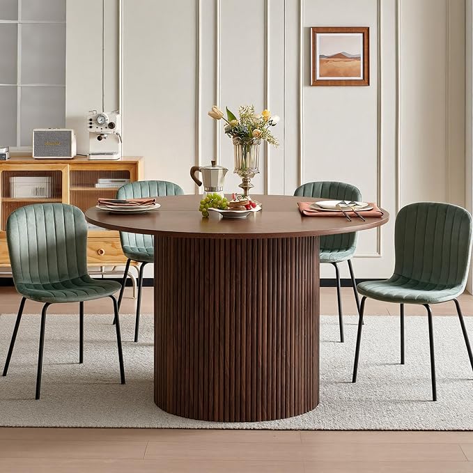 5 Piece Round Dining Table Set for 4, Mid Century Modern Wooden Kitchen Table and Chairs, Space-Saving Small Dinette Set (47 Inch Walnut Table+4 Green Chairs) by SQPFTW