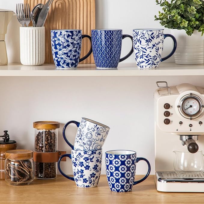 vancasso SELENE Large Coffee Mugs Set of 6, 16 Oz Porcelain Coffee Cups with Handle, Ceramic Tea Cup for Cappuccino, Latte, Tea, Cocoa, Dishwasher & Microwave Safe Gift Sets, Vintage Blue - Image 7