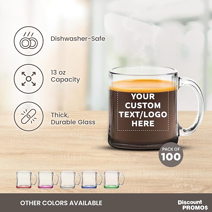Custom Libbey Clear Glass Coffee Mugs 13 oz. Set of 100, Personalized Bulk Pack - Perfect for Coffee, Tea, Espresso, Hot Cocoa, Other Beverages - Black Bottom