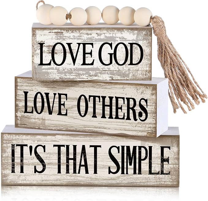 Moucuny 4 Pcs Christian Table Decor Rustic Wooden Block Sign Set with Love God Love Others It's That Simple Farmhouse Stacked Decor with Beaded Garland Tassel Christian Home Decorations for Home Shelf by Moucuny