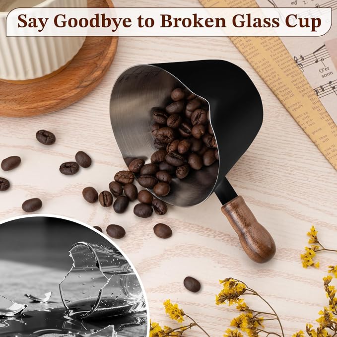 Amrules Espresso Cup, 6.8 oz/200 ml Stainless Steel Coffee Shot Measuring Cup with Wood Handle, Double V-Shaped Mouth and Clear Scale for Cappuccino Barista Coffee Bar Accessories, Black - Image 5