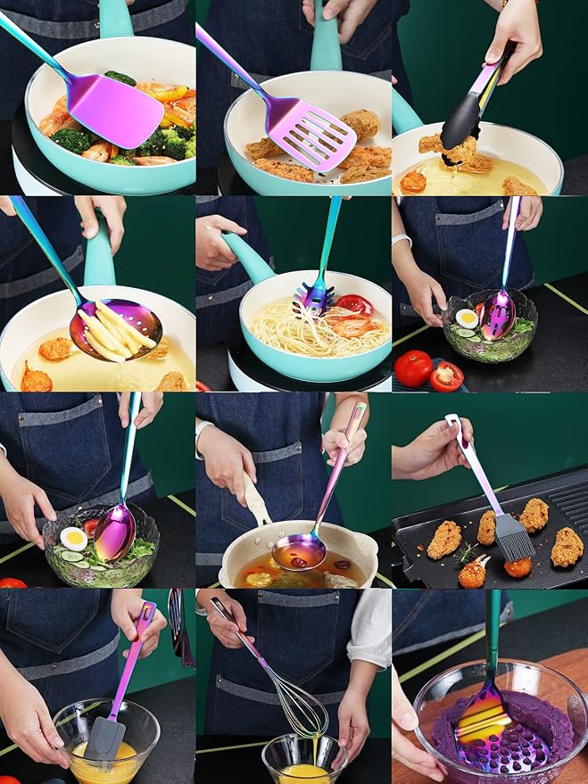Rainbow Cooking Utensils Set, Kyraton Stainless Steel 37 Pieces Kitchen Utensils Set with Titanium Colorful Plating, Kitchen Tool Gadgets Set with Utensil Rack Heat Resistant Dishwasher Safe - Image 7